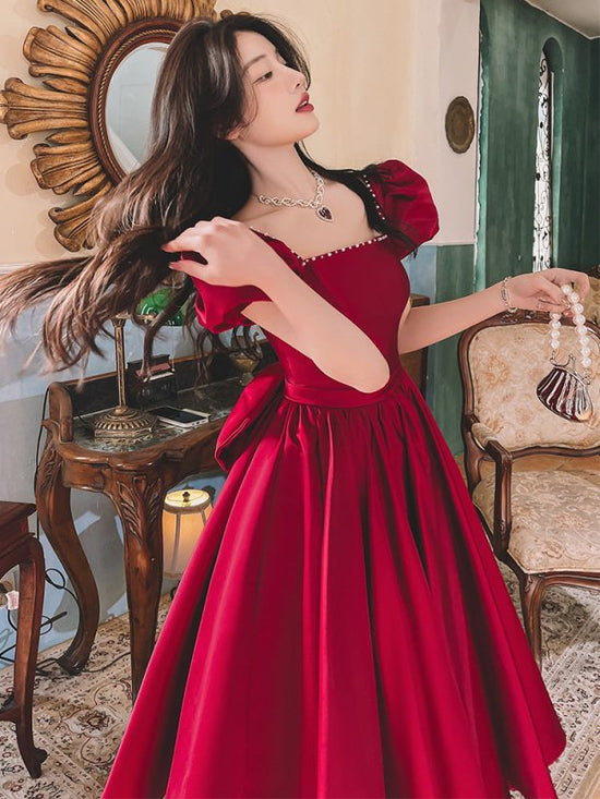 Winter Wine Red Engagement Daily French Princess On The Run Satin Dress $120.00 Dana Fashion Color: Wine Red Long size: L Women's clothing Product information: Color: wine red mid-length, wine red long Sleeve type: puff sleeve Main fabric composition: Pol