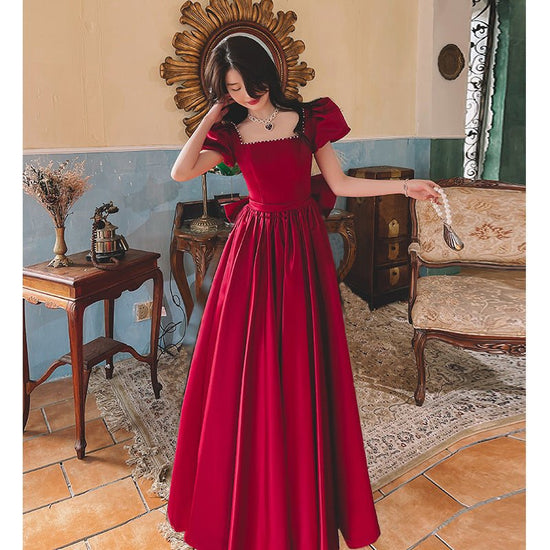 Winter Wine Red Engagement Daily French Princess On The Run Satin Dress $120.00 Dana Fashion Color: Wine Red Long size: L Women's clothing Product information: Color: wine red mid-length, wine red long Sleeve type: puff sleeve Main fabric composition: Pol