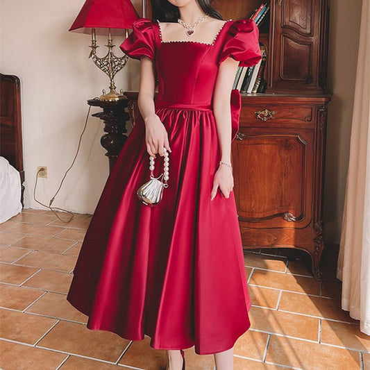 Winter Wine Red Engagement Daily French Princess On The Run Satin Dress $120.00 Dana Fashion Color: Wine Red Long size: L Women's clothing Product information: Color: wine red mid-length, wine red long Sleeve type: puff sleeve Main fabric composition: Pol