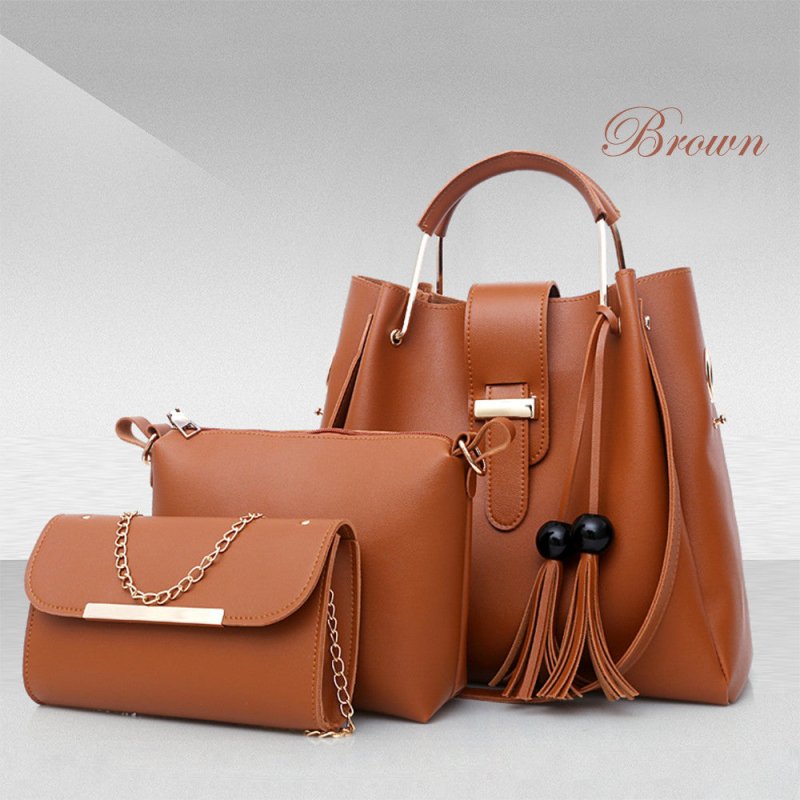 Women 3Pcs Or Set Handbags PU Leather Shoulder Bags Casual Tote Bag Tassel Metal Handle Designer Composite Bags $59.99 Dana Fashion Color: Brown Women's Bags Feature: This bag will makes you more fashion, sexy, elegant and confident. Best gifts for girlfr