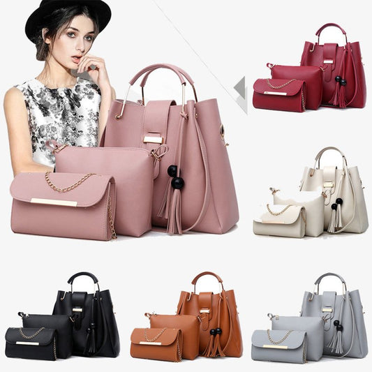Women 3Pcs Or Set Handbags PU Leather Shoulder Bags Casual Tote Bag Tassel Metal Handle Designer Composite Bags $59.99 Dana Fashion Color: Beige Women's Bags Feature: This bag will makes you more fashion, sexy, elegant and confident. Best gifts for girlfr