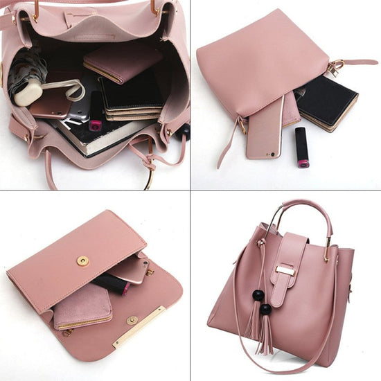 Women 3Pcs Or Set Handbags PU Leather Shoulder Bags Casual Tote Bag Tassel Metal Handle Designer Composite Bags $59.99 Dana Fashion Color: Beige Women's Bags Feature: This bag will makes you more fashion, sexy, elegant and confident. Best gifts for girlfr