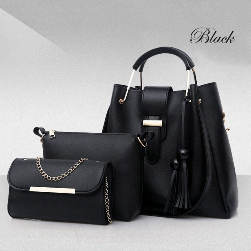 Women 3Pcs Or Set Handbags PU Leather Shoulder Bags Casual Tote Bag Tassel Metal Handle Designer Composite Bags $59.99 Dana Fashion Color: Black Women's Bags Feature: This bag will makes you more fashion, sexy, elegant and confident. Best gifts for girlfr