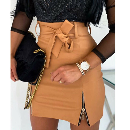 Women Bandage PU Leather Ladies Short Mini Skirts $49.50 Dana Fashion Color: Black Size: L Women's clothing Product information: Fabric name: Flannel Main fabric ingredient content: 10% or less Color: black,Khaki,WHITE Size Information: Size: S/M/L/XL Not
