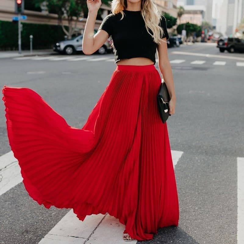 Women Fashion Casual Skirt Girls High Waist Long Skirts $50.00 Dana Fashion Color: Red Size: L Women's clothing Product information Pattern: plain Main fabric composition: Chiffon The content of the main fabric ingredient: 30%-50% Lining composition: poly