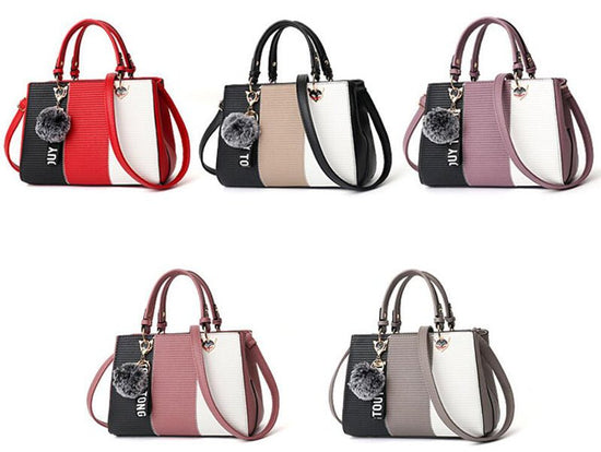 Women Hairball Ornaments Totes Patchwork Handbag Party Purse Ladies Messenger Crossbody Shoulder Bags Women Handbags $59.16 Dana Fashion Color: Grey Women's Bags Design: Shoulder bag ,handbag Material: PU Leather Size: 29*14*20cm