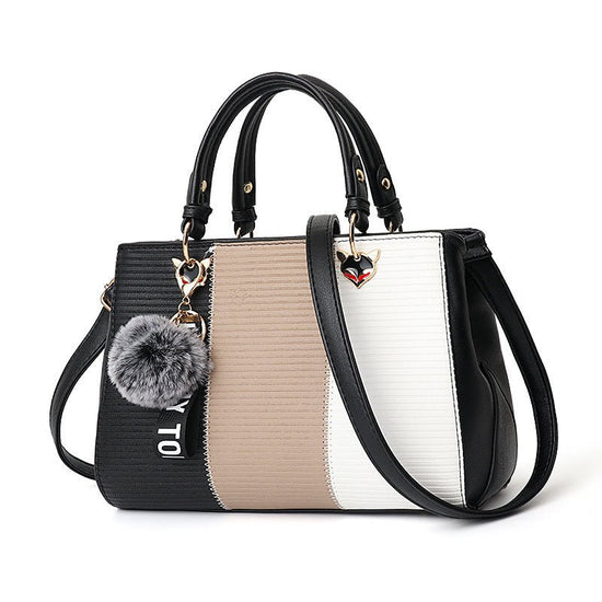 Women Hairball Ornaments Totes Patchwork Handbag Party Purse Ladies Messenger Crossbody Shoulder Bags Women Handbags $59.16 Dana Fashion Color: Grey Women's Bags Design: Shoulder bag ,handbag Material: PU Leather Size: 29*14*20cm