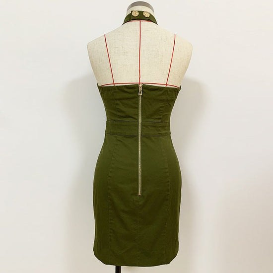 Women Lion Buttons Chain Green Cotton Backless Halter Dress $89.50 Dana Fashion Color: Green Size: L Women's clothing Overview: Comfortable to wear. The waist design highlights the slim figure Specification: Skirt length: short skirt Collar type: standing