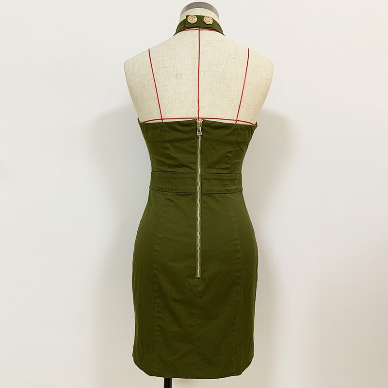 Women Lion Buttons Chain Green Cotton Backless Halter Dress $89.50 Dana Fashion Color: Green Size: L Women's clothing Overview: Comfortable to wear. The waist design highlights the slim figure Specification: Skirt length: short skirt Collar type: standing