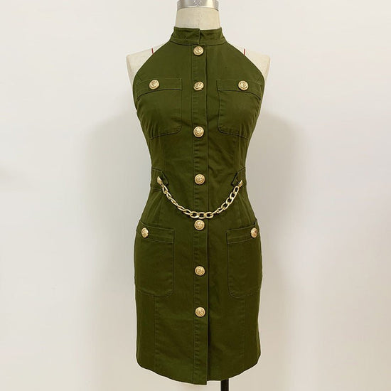 Women Lion Buttons Chain Green Cotton Backless Halter Dress $89.50 Dana Fashion Color: Green Size: L Women's clothing Overview: Comfortable to wear. The waist design highlights the slim figure Specification: Skirt length: short skirt Collar type: standing