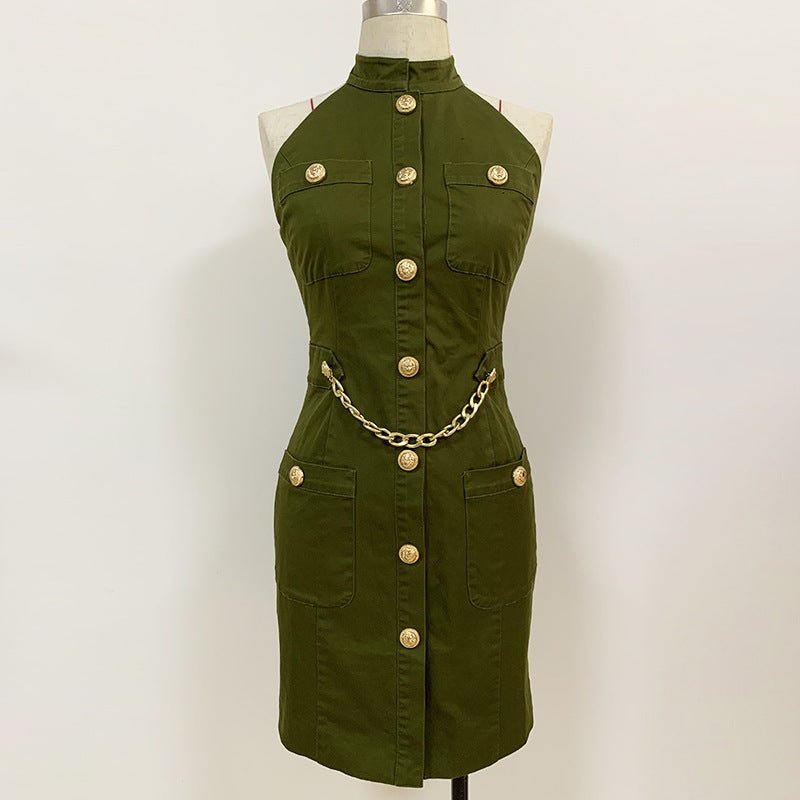 Women Lion Buttons Chain Green Cotton Backless Halter Dress $89.50 Dana Fashion Color: Green Size: L Women's clothing Overview: Comfortable to wear. The waist design highlights the slim figure Specification: Skirt length: short skirt Collar type: standing