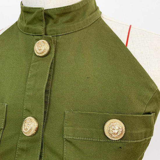Women Lion Buttons Chain Green Cotton Backless Halter Dress $89.50 Dana Fashion Color: Green Size: L Women's clothing Overview: Comfortable to wear. The waist design highlights the slim figure Specification: Skirt length: short skirt Collar type: standing