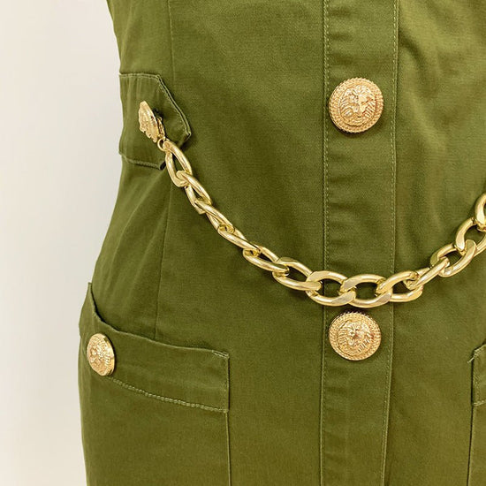 Women Lion Buttons Chain Green Cotton Backless Halter Dress $89.50 Dana Fashion Color: Green Size: L Women's clothing Overview: Comfortable to wear. The waist design highlights the slim figure Specification: Skirt length: short skirt Collar type: standing