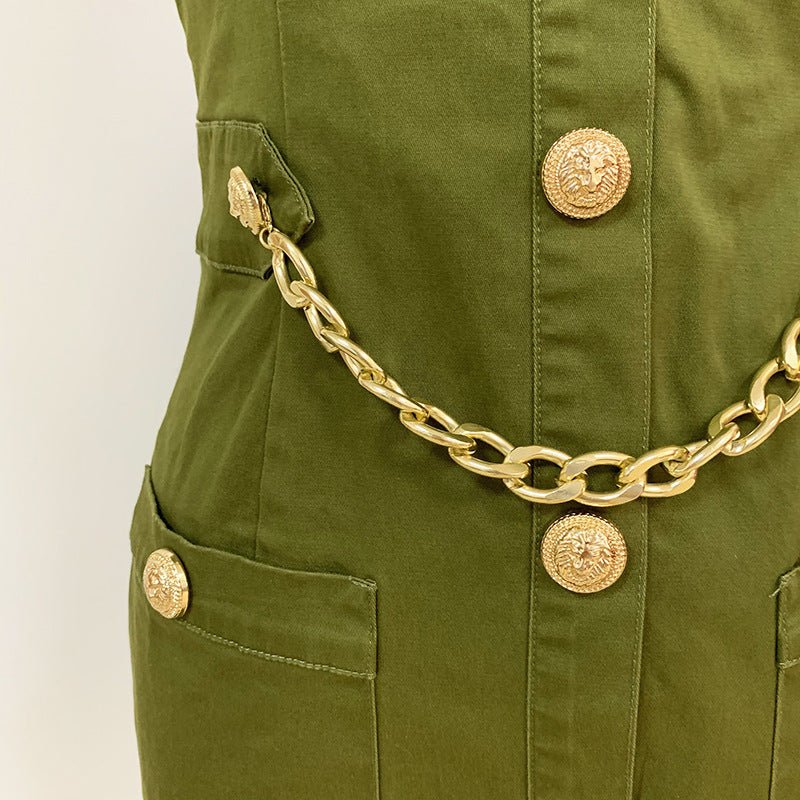 Women Lion Buttons Chain Green Cotton Backless Halter Dress $89.50 Dana Fashion Color: Green Size: L Women's clothing Overview: Comfortable to wear. The waist design highlights the slim figure Specification: Skirt length: short skirt Collar type: standing