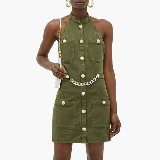 Women Lion Buttons Chain Green Cotton Backless Halter Dress $89.50 Dana Fashion Color: Green Size: L Women's clothing Overview: Comfortable to wear. The waist design highlights the slim figure Specification: Skirt length: short skirt Collar type: standing