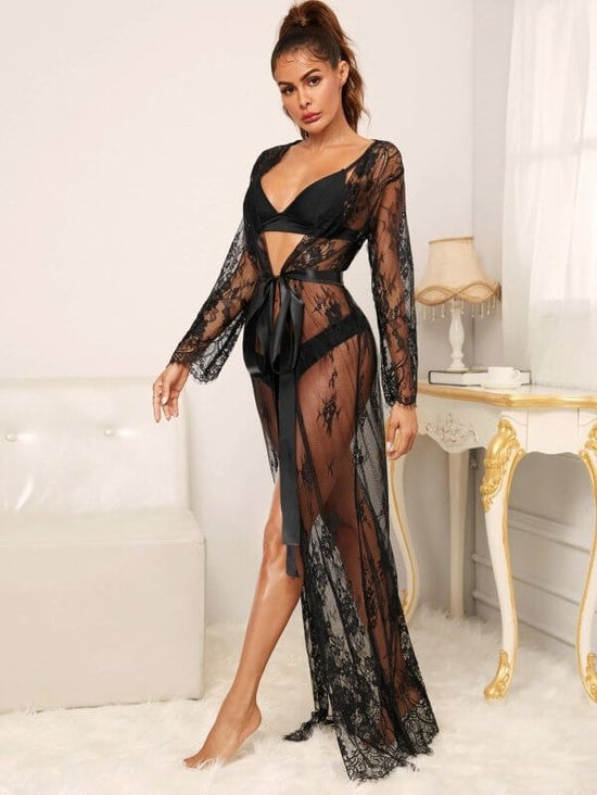 Women Long Sleeve Lace Dress Fashion Solid Sexy Perspective Pajamas Robe Sleepwear Underwear Lingerie Satin Silk Belt Slim $35.90 Dana Fashion Size: L Color: Black Women's clothing Product Information ： Supply category: spot Fabric name: Lace Main fabric