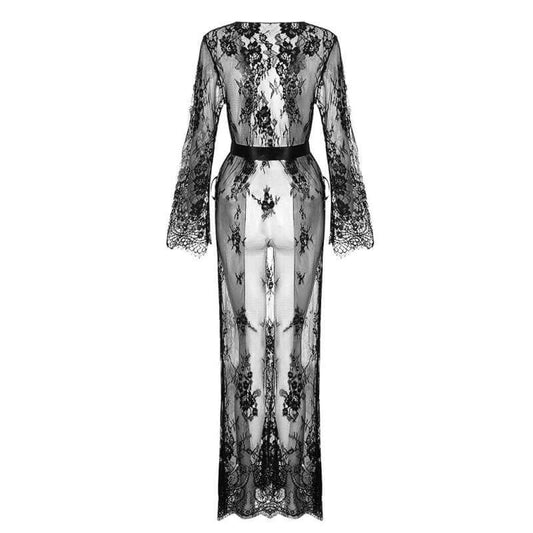 Women Long Sleeve Lace Dress Fashion Solid Sexy Perspective Pajamas Robe Sleepwear Underwear Lingerie Satin Silk Belt Slim $35.90 Dana Fashion Size: L Color: Black Women's clothing Product Information ： Supply category: spot Fabric name: Lace Main fabric