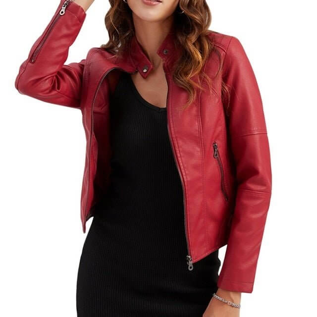 Women Neck Jackets For Spring Soft $74.50 Dana Fashion Color: Red Size: 2XL Women's clothing Product Information: Color classification: A Black A Red A Camel A Apricot A Coffee Material: leather Applicable object: female Size Information: Size: S/M/L/XL/X