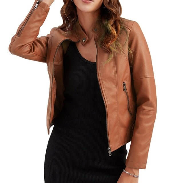 Women Neck Jackets For Spring Soft $74.50 Dana Fashion Color: Camel Size: 2XL Women's clothing Product Information: Color classification: A Black A Red A Camel A Apricot A Coffee Material: leather Applicable object: female Size Information: Size: S/M/L/XL