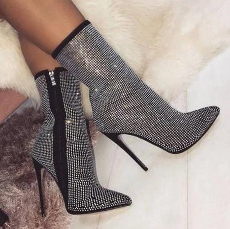 Women Pointed Toe Heeled Boots $69.50 Dana Fashion Color: Beige Size: 35 Women's shoes Upper material; suede Sole material; plastic Applicable gender; female Style; Europe and America Toe shape; pointed toe Heel shape; stiletto Heel height; super high hee