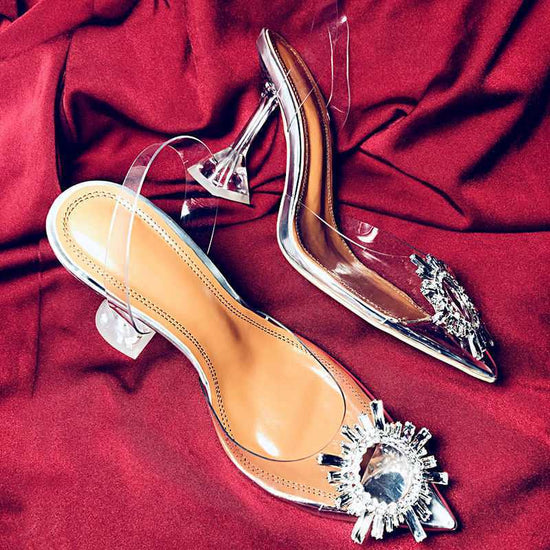 Women Pumps Elegant Pointed Toe Rhinestones High Heels Wedding Shoes Crystal Clear Heeled Slingback Pumps Sandals Sexy Heels $38.99 Dana Fashion Color: Silver style: 7cm Size: 35 Women's shoes Product Information: Color: silver [heel height 9 cm], silver