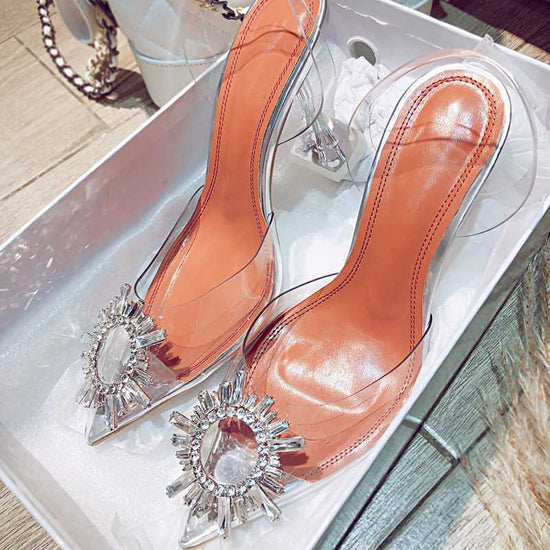 Women Pumps Elegant Pointed Toe Rhinestones High Heels Wedding Shoes Crystal Clear Heeled Slingback Pumps Sandals Sexy Heels $38.99 Dana Fashion Color: Silver style: 7cm Size: 35 Women's shoes Product Information: Color: silver [heel height 9 cm], silver