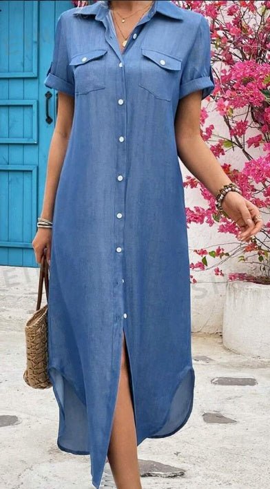 Women Summer Denim-Look Longline Shirt Dress $30.14 Dana Fashion Color: Black Size: 2XL Women's clothing Material :Woven Fabric Composition :50% Polyester, 50% Viscose Care Instructions :Machine wash or professional dry clean Size Information:Size : S,M,L