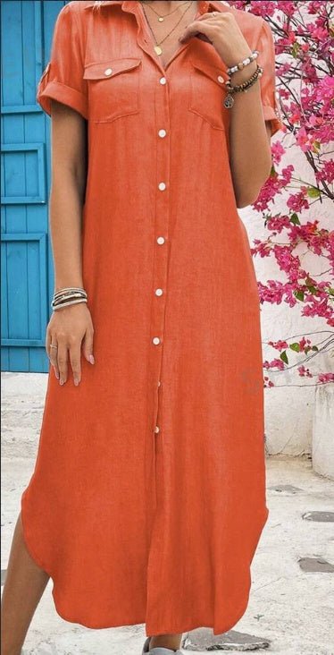 Women Summer Denim-Look Longline Shirt Dress $30.14 Dana Fashion Color: Orange Size: 2XL Women's clothing Material :Woven Fabric Composition :50% Polyester, 50% Viscose Care Instructions :Machine wash or professional dry clean Size Information:Size : S,M,