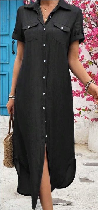 Women Summer Denim-Look Longline Shirt Dress $30.14 Dana Fashion Color: Black Size: 2XL Women's clothing Material :Woven Fabric Composition :50% Polyester, 50% Viscose Care Instructions :Machine wash or professional dry clean Size Information:Size : S,M,L