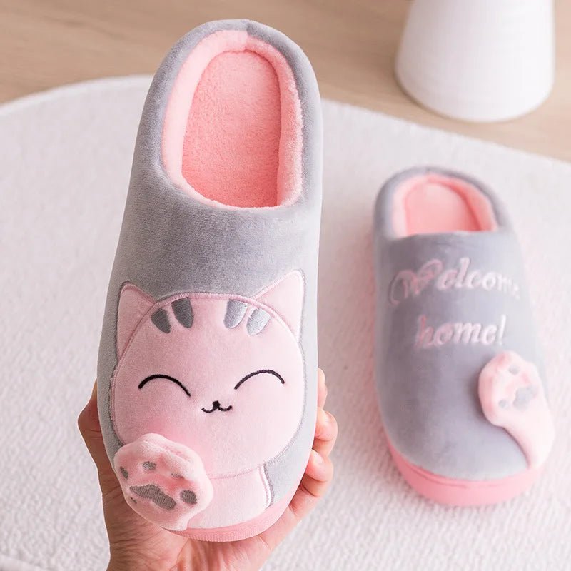 Women Winter Warm Slippers Cartoon Cat Shoes Furry Plush Slides Round $27.99 Dana Fashion Color: GRAY Shoe Size: 36-37 Shoes Type: Home Cotton Shoes Applicable Place: Indoor Upper Material: Cotton Fabric Closure Type: Pull On Heel Height: Flat (≤1cm) Hign
