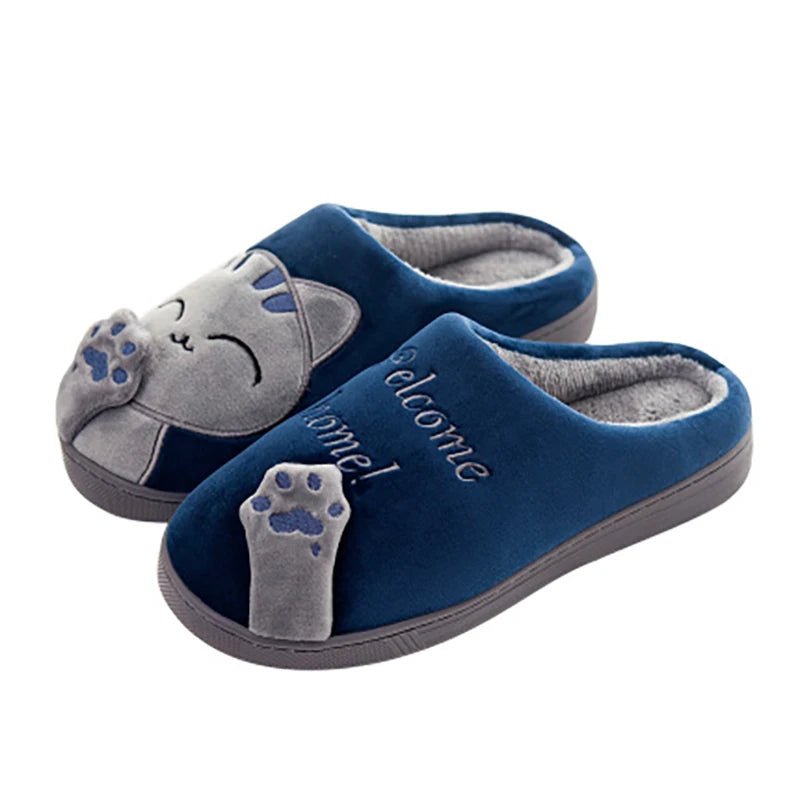 Women Winter Warm Slippers Cartoon Cat Shoes Furry Plush Slides Round $31.99 Dana Fashion Color: Blue Shoe Size: 44-45 Shoes Type: Home Cotton Shoes Applicable Place: Indoor Upper Material: Cotton Fabric Closure Type: Pull On Heel Height: Flat (≤1cm) Hign