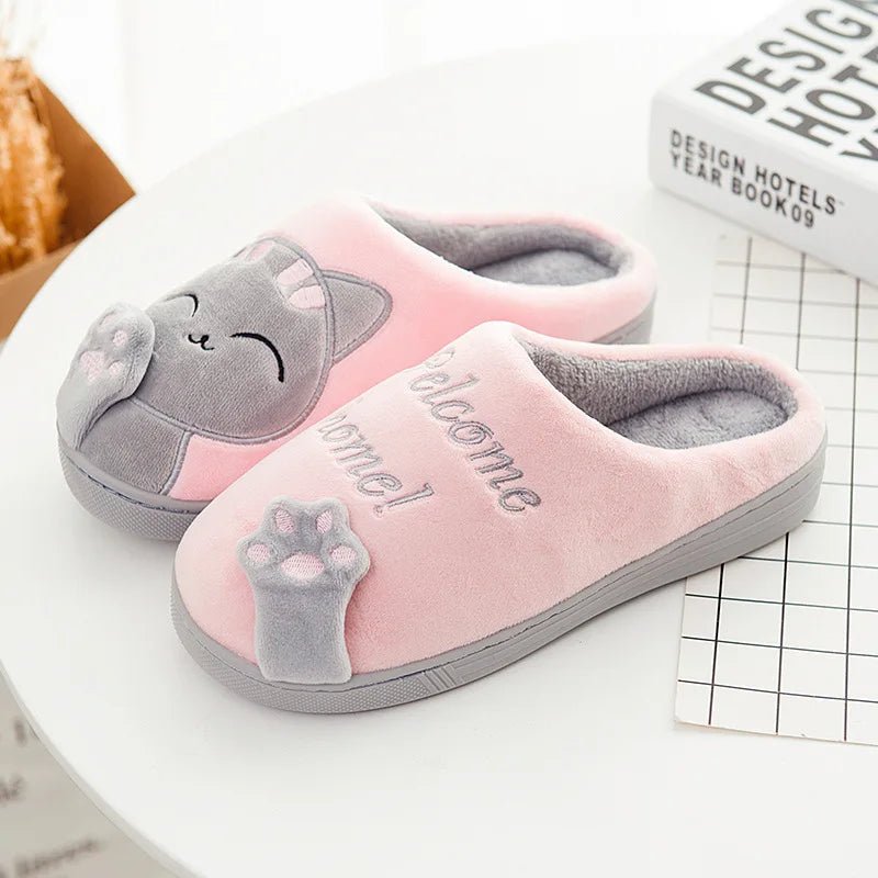 Women Winter Warm Slippers Cartoon Cat Shoes Furry Plush Slides Round $29.99 Dana Fashion Color: Pink Shoe Size: 42-43 Shoes Type: Home Cotton Shoes Applicable Place: Indoor Upper Material: Cotton Fabric Closure Type: Pull On Heel Height: Flat (≤1cm) Hign