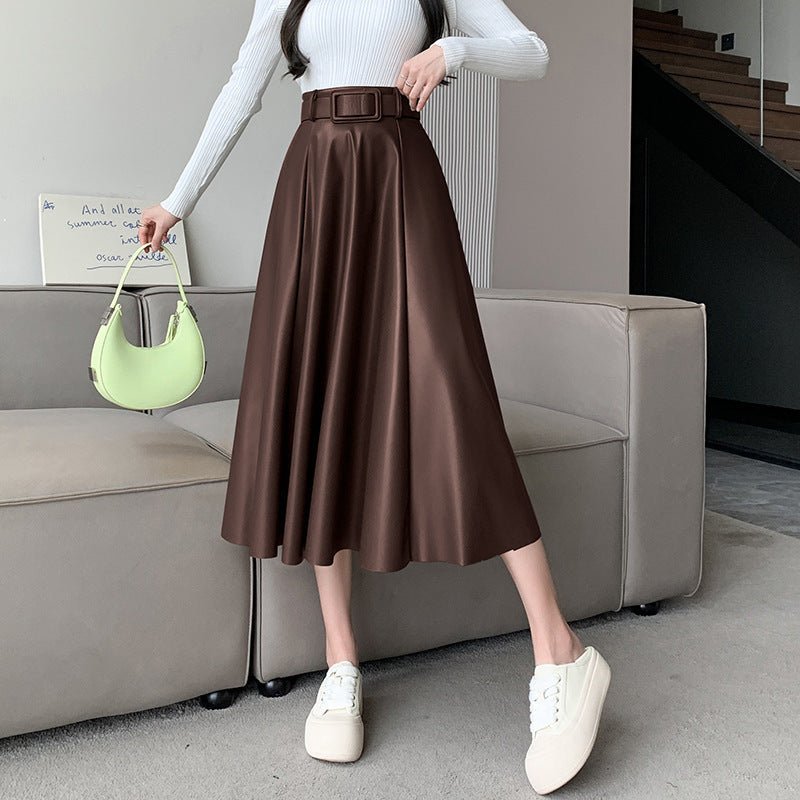 Women's A- Line High Waist Leather Skirt Midi Skirt $54.50 Dana Fashion Color: Chocolate Size: L Women's clothing Product information: Fabric name: sheepskin Skirt type: umbrella skirt Color: brown, black, green, chocolate Elastic: medium elastic Main fab