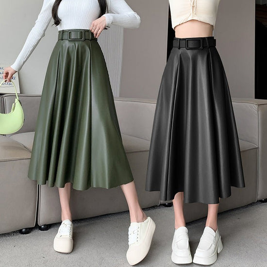 Women's A- Line High Waist Leather Skirt Midi Skirt $54.50 Dana Fashion Color: Black Size: L Women's clothing Product information: Fabric name: sheepskin Skirt type: umbrella skirt Color: brown, black, green, chocolate Elastic: medium elastic Main fabric