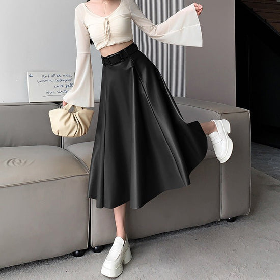 Women's A- Line High Waist Leather Skirt Midi Skirt $54.50 Dana Fashion Color: Black Size: L Women's clothing Product information: Fabric name: sheepskin Skirt type: umbrella skirt Color: brown, black, green, chocolate Elastic: medium elastic Main fabric