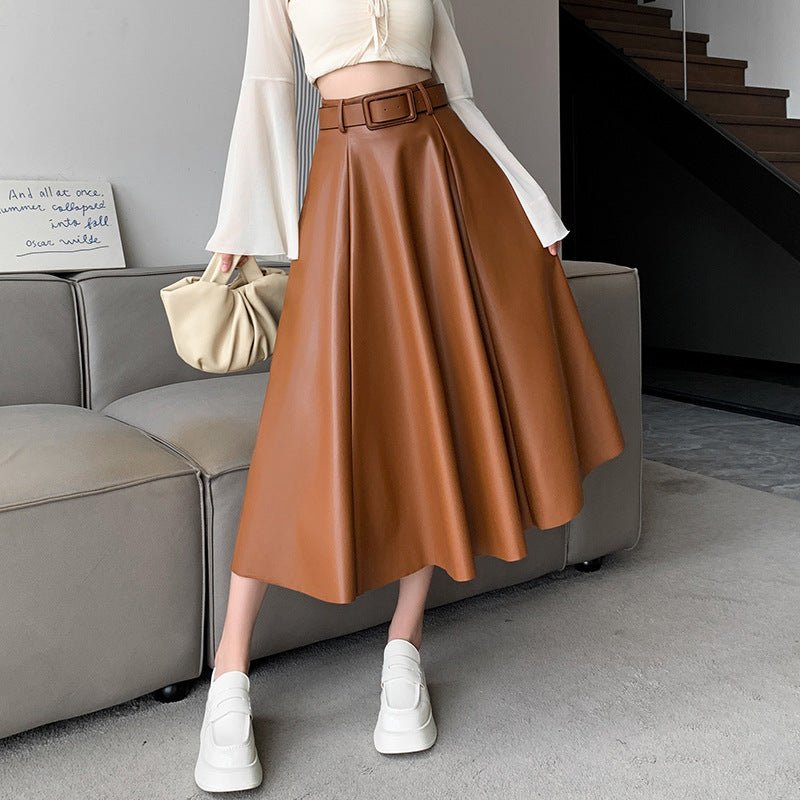 Women's A- Line High Waist Leather Skirt Midi Skirt $54.50 Dana Fashion Color: Brown Size: L Women's clothing Product information: Fabric name: sheepskin Skirt type: umbrella skirt Color: brown, black, green, chocolate Elastic: medium elastic Main fabric