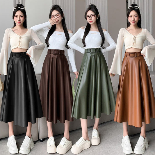 Women's A- Line High Waist Leather Skirt Midi Skirt $54.50 Dana Fashion Color: Black Size: L Women's clothing Product information: Fabric name: sheepskin Skirt type: umbrella skirt Color: brown, black, green, chocolate Elastic: medium elastic Main fabric