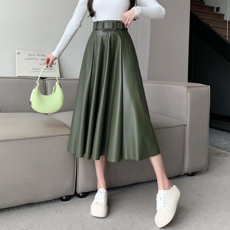 Women's A- Line High Waist Leather Skirt Midi Skirt $54.50 Dana Fashion Color: Green Size: L Women's clothing Product information: Fabric name: sheepskin Skirt type: umbrella skirt Color: brown, black, green, chocolate Elastic: medium elastic Main fabric