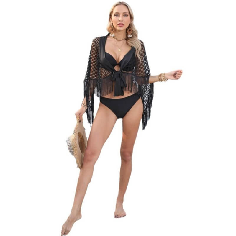 Women's Beach Dress Shawl Tassel Stitching $31.60 Dana Fashion Color: Black Size: Free Size Women's clothing Product information: Color: Black Main fabric composition: Polyester (polyester fiber) Size: free size Skirt length: short skirt Popular elements:
