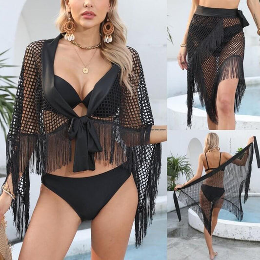Women's Beach Dress Shawl Tassel Stitching $31.60 Dana Fashion Color: Black Size: Free Size Women's clothing Product information: Color: Black Main fabric composition: Polyester (polyester fiber) Size: free size Skirt length: short skirt Popular elements: