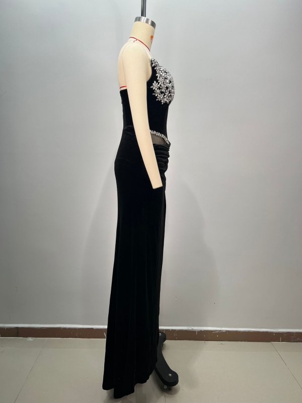 Women's Black Bandeau Slim-fit Hot Drilling Long Dress $261.88 Dana Fashion Color: Black Size: L Women's clothing Product information: Fabric name: Polyester Color: Black Sleeve type: sleeveless Size: S,M,L Style type: temperament commute Skirt Category: