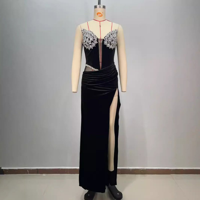Women's Black Bandeau Slim-fit Hot Drilling Long Dress $261.88 Dana Fashion Color: Black Size: L Women's clothing Product information: Fabric name: Polyester Color: Black Sleeve type: sleeveless Size: S,M,L Style type: temperament commute Skirt Category: