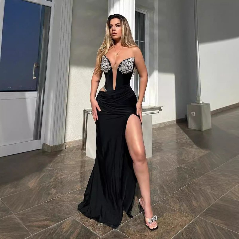 Women's Black Bandeau Slim-fit Hot Drilling Long Dress $261.88 Dana Fashion Color: Black Size: L Women's clothing Product information: Fabric name: Polyester Color: Black Sleeve type: sleeveless Size: S,M,L Style type: temperament commute Skirt Category: