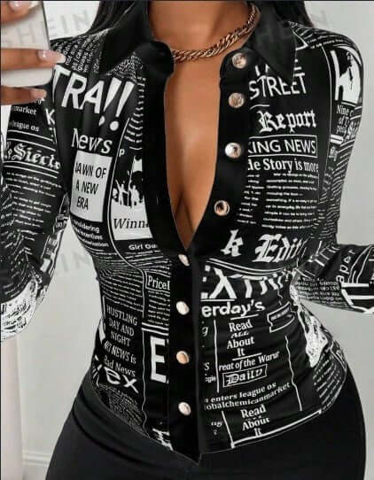 Women's Casual Daily Full Print Front Button Long Sleeve Shirt $21.99 Dana Fashion Color: Black Size: 2XL Women's clothing Fabric: Medium Stretch Material: Fabric Composition: 95% Polyester, 5% Elastane Care Instructions: Machine wash, do not dry clean,wa