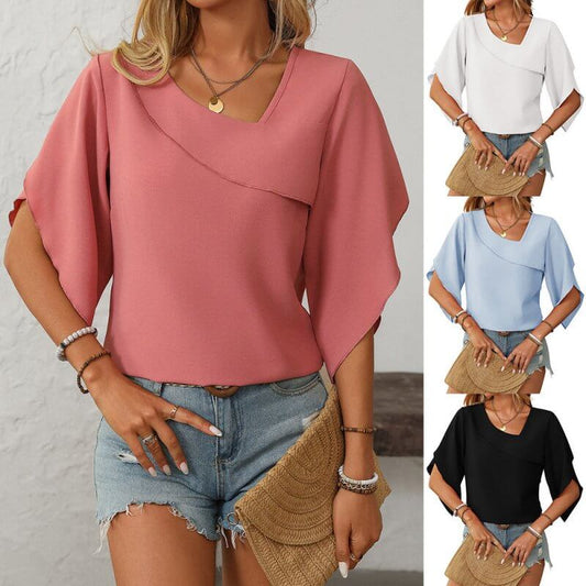 Women's Casual Oblique V-neck Chiffon Puffed Sleeves Top $37.50 Dana Fashion Color: Black Size: L Women's clothing Product information: Fabric name: Ice Silk anti-wrinkle Color: white, light blue, black, Shell rose Sleeve type: Petal sleeve Main fabric co