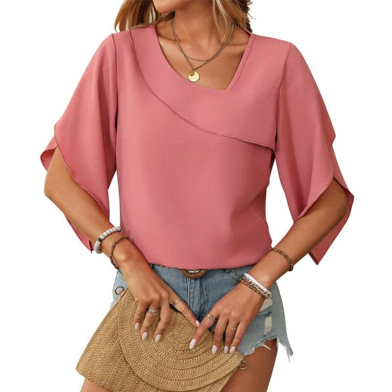 Women's Casual Oblique V-neck Chiffon Puffed Sleeves Top $37.50 Dana Fashion Color: Seashellrose Size: L Women's clothing Product information: Fabric name: Ice Silk anti-wrinkle Color: white, light blue, black, Shell rose Sleeve type: Petal sleeve Main fa