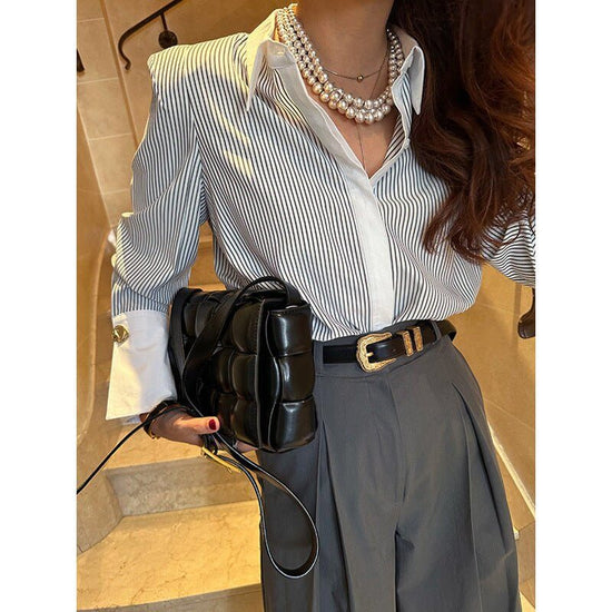 Women's Casual Printed Patchwork Long Sleeves Striped Shirt $59.50 Dana Fashion Color: Black Size: Free Size Women's clothing Product information: Pattern: stripes Color: black, blue, pink Sleeve type: shirt sleeve Size: free size Length: normal (50cm Gen