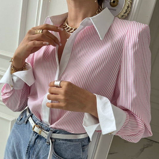 Women's Casual Printed Patchwork Long Sleeves Striped ShirtDana FashionDana FashionWomen's Casual Printed Patchwork Long Sleeves Striped Shirt