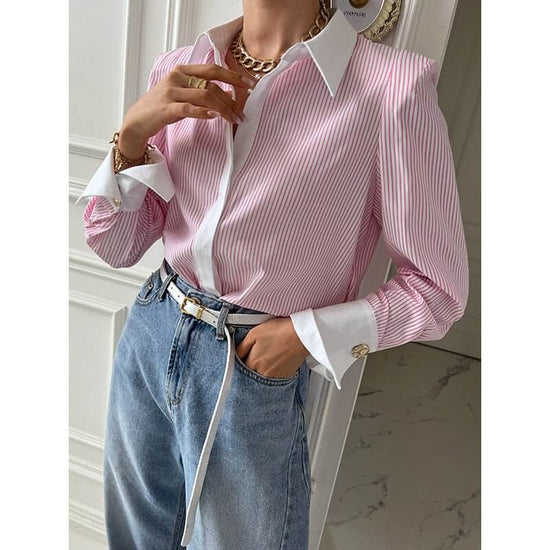 Women's Casual Printed Patchwork Long Sleeves Striped Shirt $59.50 Dana Fashion Color: Black Size: Free Size Women's clothing Product information: Pattern: stripes Color: black, blue, pink Sleeve type: shirt sleeve Size: free size Length: normal (50cm Gen