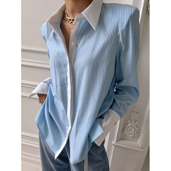 Women's Casual Printed Patchwork Long Sleeves Striped Shirt $59.50 Dana Fashion Color: Black Size: Free Size Women's clothing Product information: Pattern: stripes Color: black, blue, pink Sleeve type: shirt sleeve Size: free size Length: normal (50cm Gen